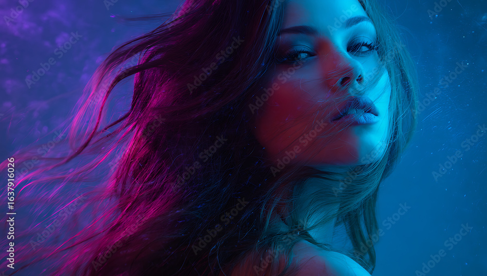 Fototapeta premium Woman with flowing hair illuminated by vibrant pink and blue neon lights female portrait
