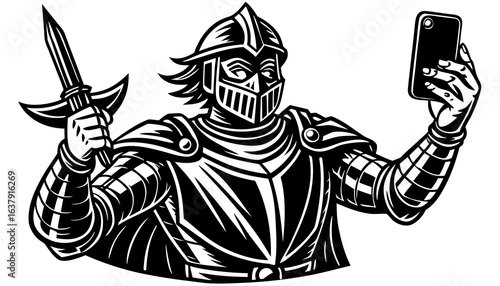 A cartoon of a knight taking a selfie with a cell phone          