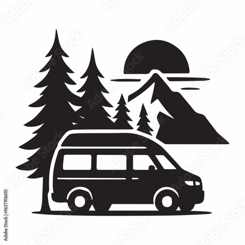 Black silhouette vector of a camper van parked under pine trees with a mountain sunset background, clean bold shape, isolated on white background.
