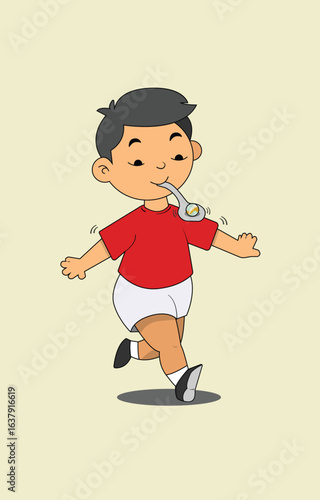 Indonesia Independence Day vector of a boy in red and white outfit playing a classic marble-on-spoon race. Popular children’s activity during national celebrations