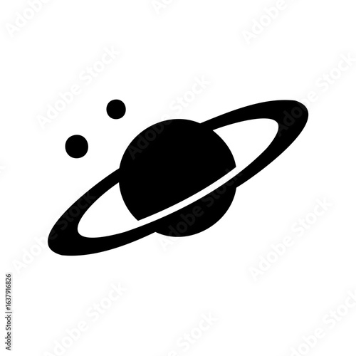 A simplified monochrome planetary icon with orbital rings and two small moons