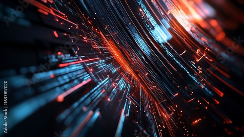 Futuristic abstract data stream with a glowing red and blue network protecting digital data