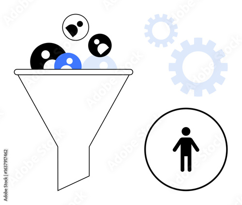 Funnel filtering diverse user or audience icons into a single outcome, surrounded by gears representing process optimization. Ideal for recruitment, targeting, marketing, workflow, decision-making