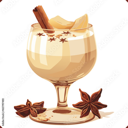 Glass of eggnog with cinnamon stick and star anise, festive holiday drink, isolated on white background. Vector illustration of traditional winter cocktail on white background
