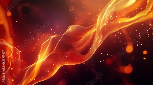 Abstract Futuristic Flow of Waves and Particles in Warm Red and Orange Tones