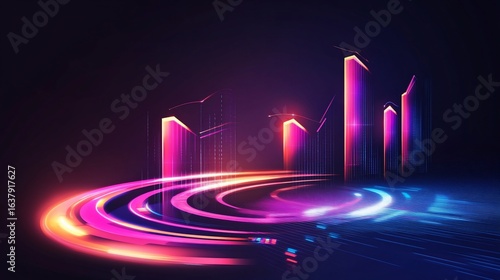 Abstract futuristic light graph with curved lines and bright vibrant colors on dark background
