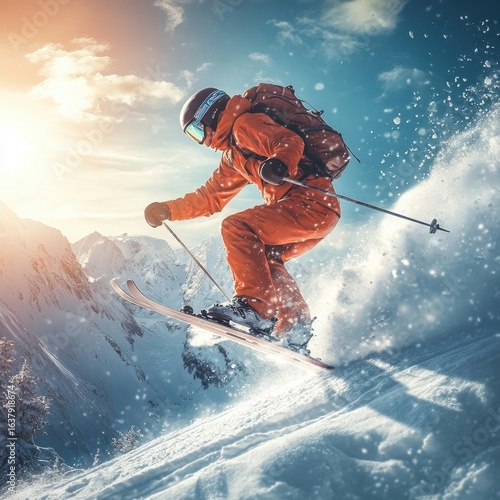 Excited skier in bright orange winter gear descending snowy mountain slope with snow spray under clear sky du sunset adventure activity