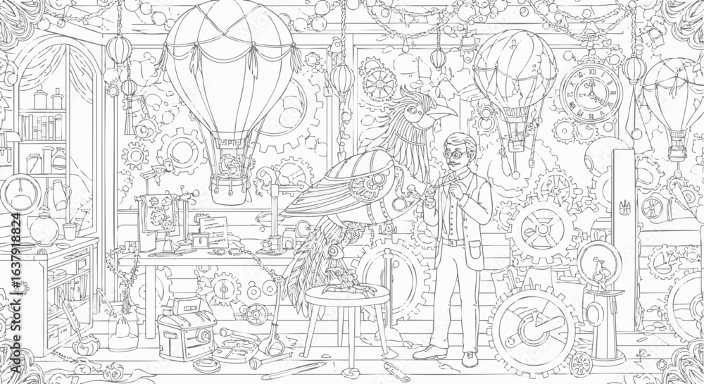Naklejka premium Intricate Steampunk Fantasy Detailed Line Art of Mechanical Wonders, Airships, and Whimsical Contraptions in an Engineered World, Perfect for Creative Discovery.