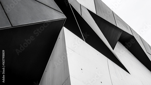 Abstract geometric architectural detail with black and white intersecting shapes creates a modern graphic composition