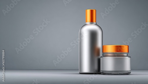 Silver cosmetic bottles & jar, orange caps