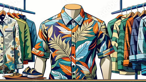 Trendy cotton Men shirt display on mannequin in clothes shop. Summer collection fashion product samples in clothing store for selling. Textile industry and business 