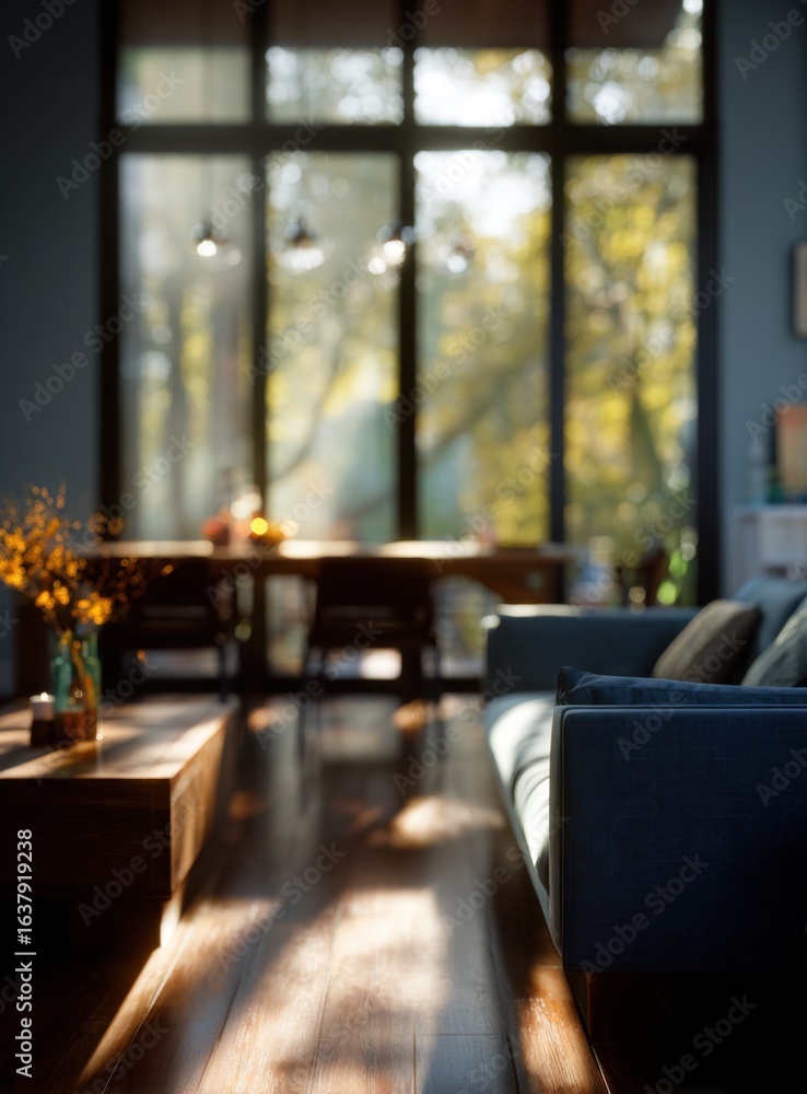 Fototapeta premium Warm sunlight streams through a large window illuminating a cozy living space with a comfortable sofa and wooden flooring.