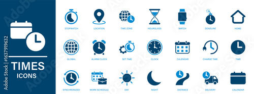 Time icons for time management, calendar, time zone, deadline, synchronized, delivery time, clock.