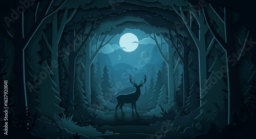 Generative AI Papercut Deer in Moonlit Forest Moon Illustration Night Trees Silhouette Layered Moonlight Nature Landscape Woodland Animal Art Tranquility Serenity Mystery