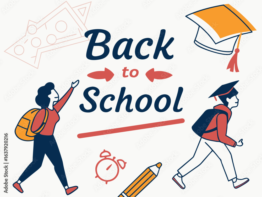 Fototapeta premium Students excited for back to school with backpacks and graduation caps