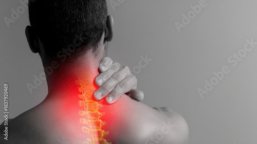 Man with neck pain, touching his spine, highlighting a common medical issue, backache, or a glowing transparent skeletal structure of the spine