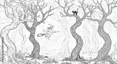 Whimsical Halloween Sketch Witch's Flight Through Graveyard Trees with a Black Cat