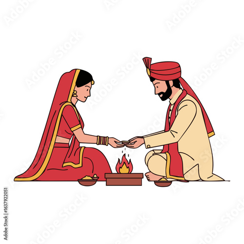 Minimal Hindu Wedding Havan Ritual Ghee Offering Vector Illustration