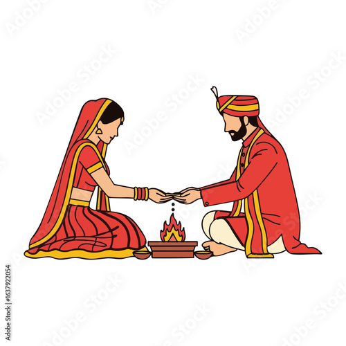 Minimal Hindu Wedding Havan Ritual Ghee Offering Vector Illustration