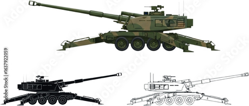 M777 Howitzer 3-Style Military Illustration Set | Realistic Color, Bold Silhouette & Technical Line Art | Modern 155mm Towed Artillery Graphic for Collectors & Designers