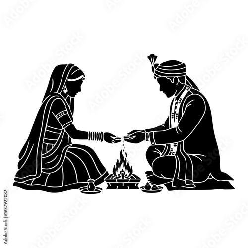 Minimal Hindu Wedding Havan Ritual Ghee Offering Vector Illustration