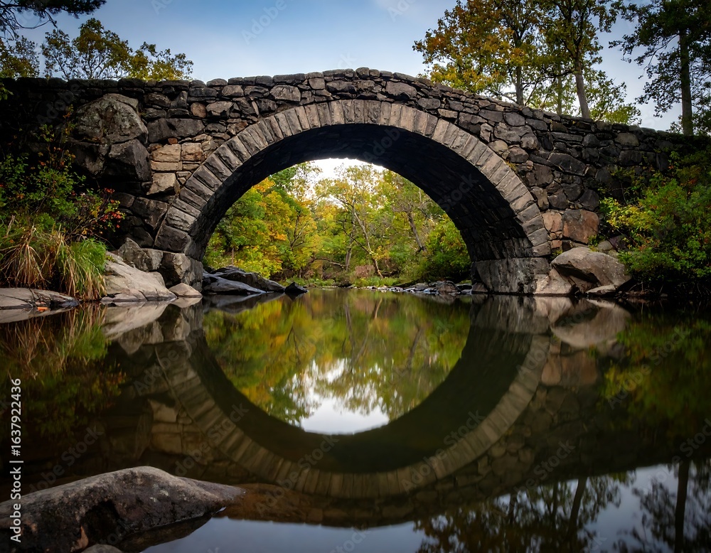 Fototapeta premium Stone arch bridge reflected perfectly in calm water, autumn foliage backdrop