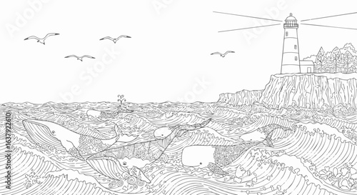 Coastal Scene with Whale, Lighthouse, and Seagulls in the Ocean