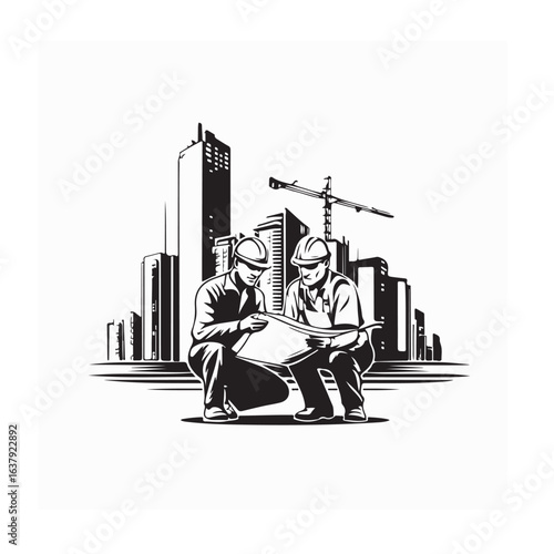 Architect and Engineer Construction Workers Silhouette Vector Illustration