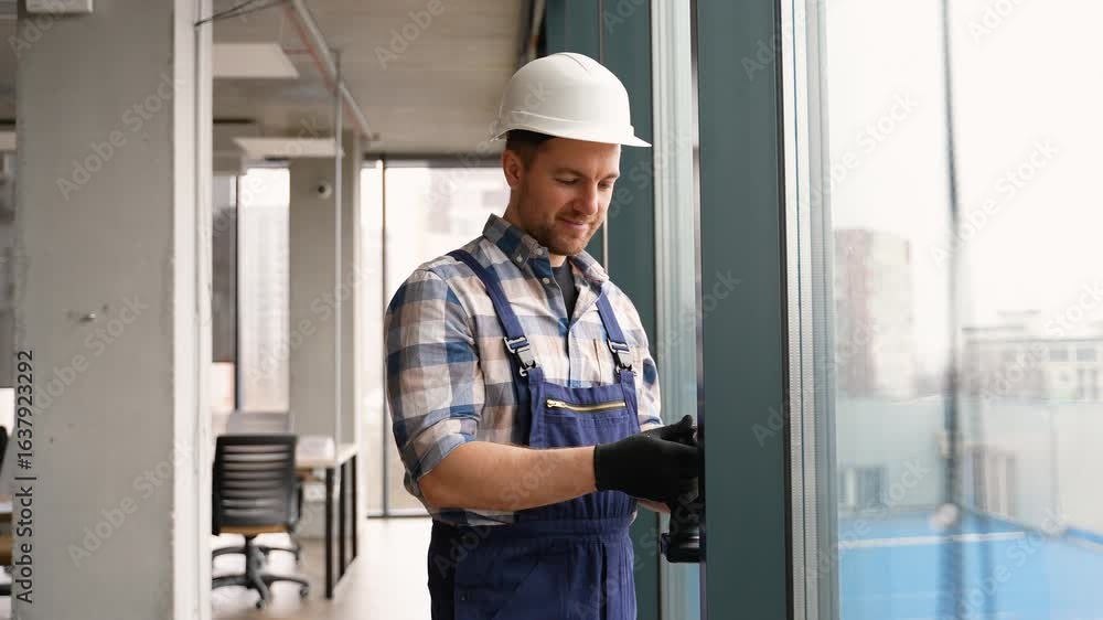 Construction worker installing a window in a modern office building Construction worker installing a window in a modern office building