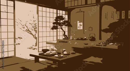 Serene Japanese Interior Tranquil Tea Ceremony Room with Bonsai Tree and Natural Light