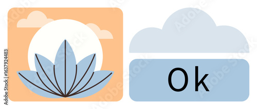 Lotus flower with soft blue leaves centered on warm orange, sunlit background. Adjacent calm cloud and Ok text. Ideal for mindfulness, wellness, meditation, positivity, simplicity calm growth. A