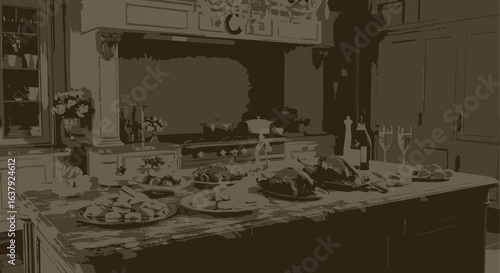 Sepia-toned graphic of a lavish banquet spread on a kitchen island for a nostalgic celebration