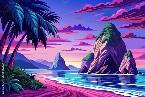 tropical sand beach and coco palms, turquoise sea, Caribbean island, palm beach, exotic coastline, beach vacation paradise seaside view, ocean coast