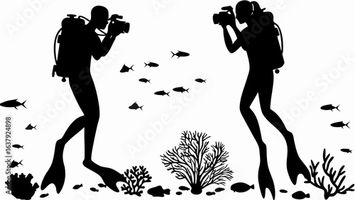 Two scuba divers photographing fish and coral reefs in a black and white underwater scene illustration | editable eps vectors silhouette