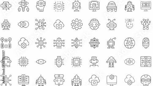 Collection of outline style icons depicting robots artificial intelligence and related technology concepts silhouette