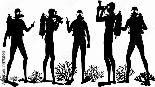 Five scuba divers in silhouette with diving gear and coral on the ocean floor in a black and white image | editable eps vectors
