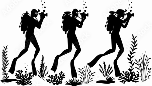 Three scuba divers in silhouette swimming underwater with coral and bubbles taking photos of the sea life | editable eps vectors