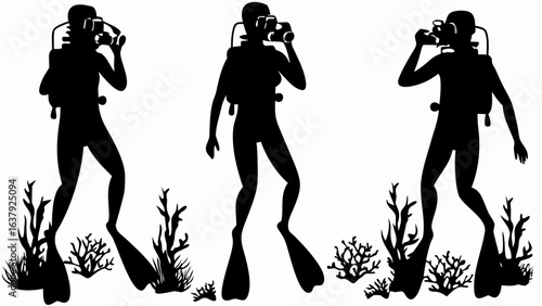 Three silhouettes of scuba divers with cameras surrounded by coral on a white background image art | editable eps vectors