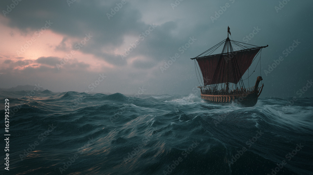 Obraz premium A cinematic photograph of a wooden Viking longship with a large red sail, battling through rough, churning dark seas under a stormy, moody sky at dusk. The dragon-carved prow cuts through large waves,