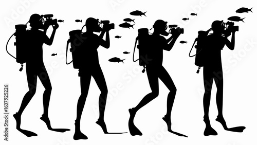 Silhouettes of four scuba divers with cameras underwater surrounded by many fish in a white background | editable eps vectors