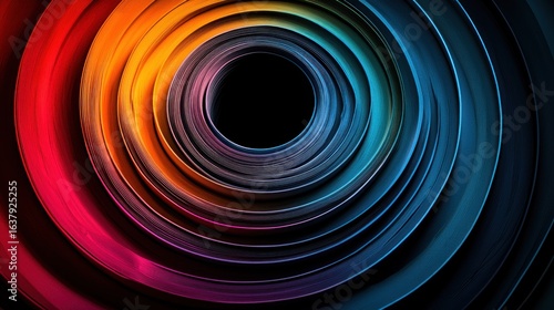 Concentric circles flow, radiating rainbow spectrum into a dark center