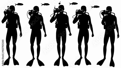 Silhouette illustration of five scuba divers with cameras and fish swimming in the background underwater scene | editable eps vectors