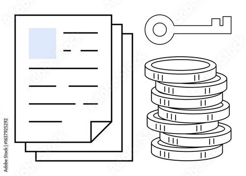 Stack of coins, papers, and key symbolize wealth, access, data security, legal agreements, savings, financial success and permissions. Ideal for finance law access control contracts and simple