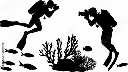 Silhouettes of scuba divers with cameras exploring coral reefs and schools of fish in the ocean depths | editable eps vectors