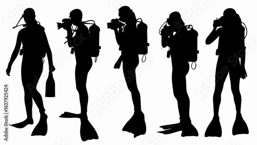 Silhouettes of scuba divers with cameras and equipment standing in a row against white background | editable eps vectors