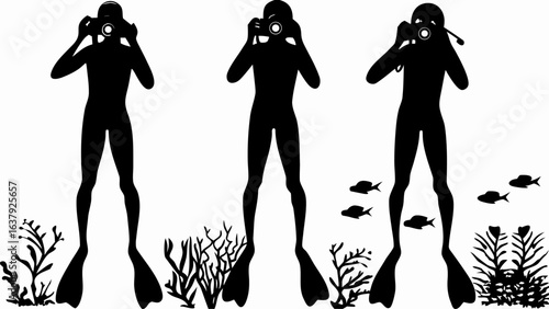 Silhouette of three scuba divers with cameras underwater near coral and fish taking pictures of the ocean | editable eps vectors