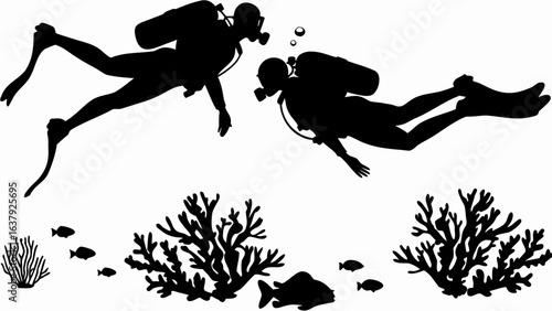 Silhouette of two scuba divers exploring the ocean with coral reefs and various fish species present underwater | editable eps vectors