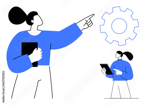Confident woman gestures towards a gear icon, accompanied by another figure holding a tablet. Ideal for teamwork, technology, innovation, strategy, progress, leadership, simple landing page