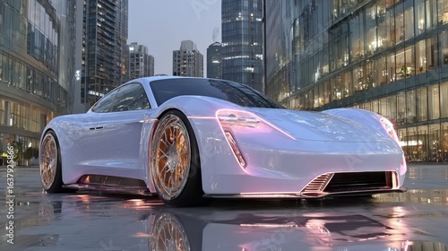 A futuristic white electric sports car with glowing neon accents and custom gold wheels parked on a wet city street at night, showcasing advanced automotive design