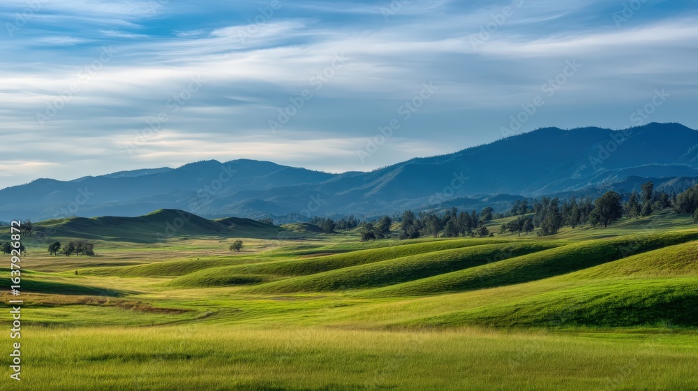 Naklejka premium Rolling Green Hills and Distant Mountains Landscape Under a Blue Sky with Clouds Scenery